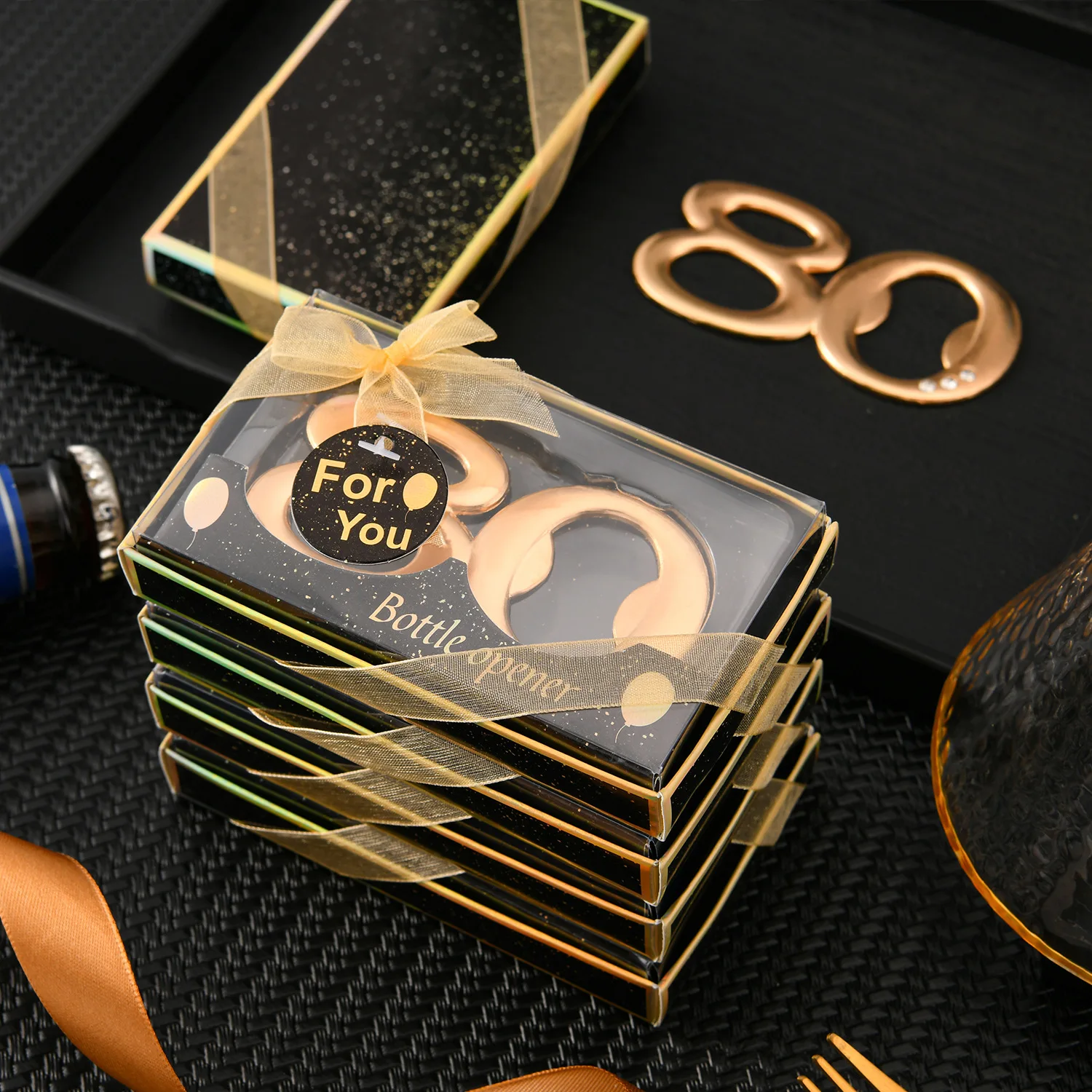 Bottle Opener for 80th birthday, Party Gift, Black and Gold Theme, Number 80