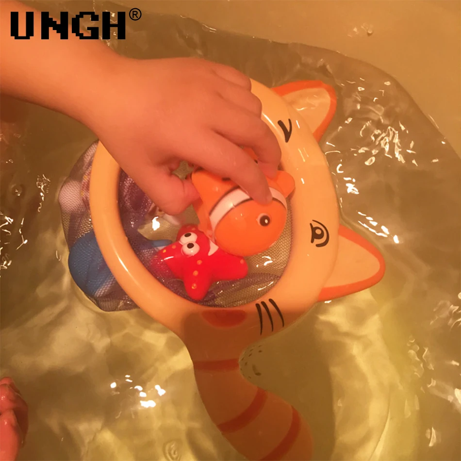 UNGH-Ensemble de jouets de bain pour bébé, baignoire pour enfants, requin, chat, jouets de bain flottants pour enfants avec filet de pêche, jouets