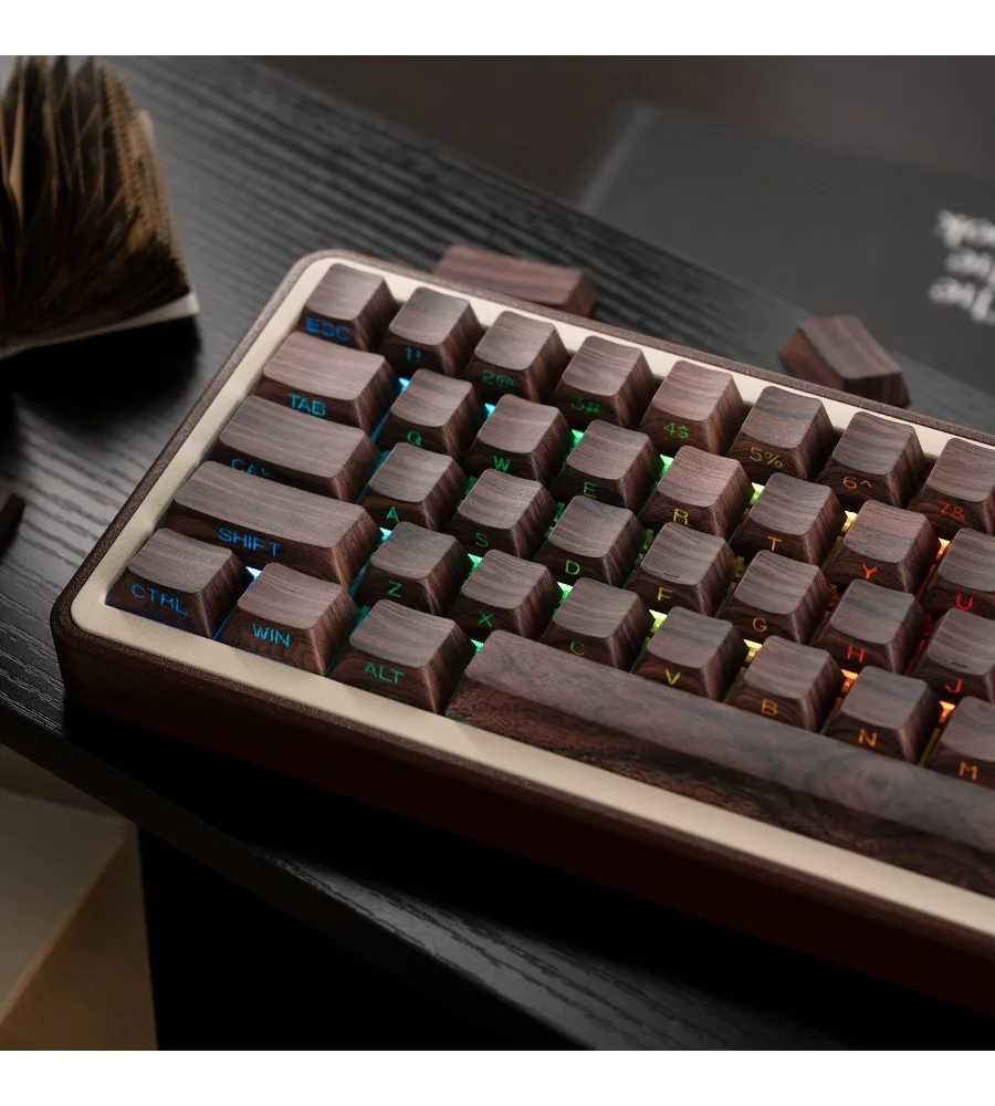 Sublimated PBT material mechanical keyboard keycaps compatible with Wooting walnut color side-engraved translucent keycaps