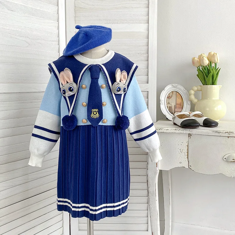 

Kids Dresses for Girls Cute Cartoon Zootopia Judy Hopps Knitted Dress Blue Splicing Preppy Style Knitted Pleated Dress Christmas