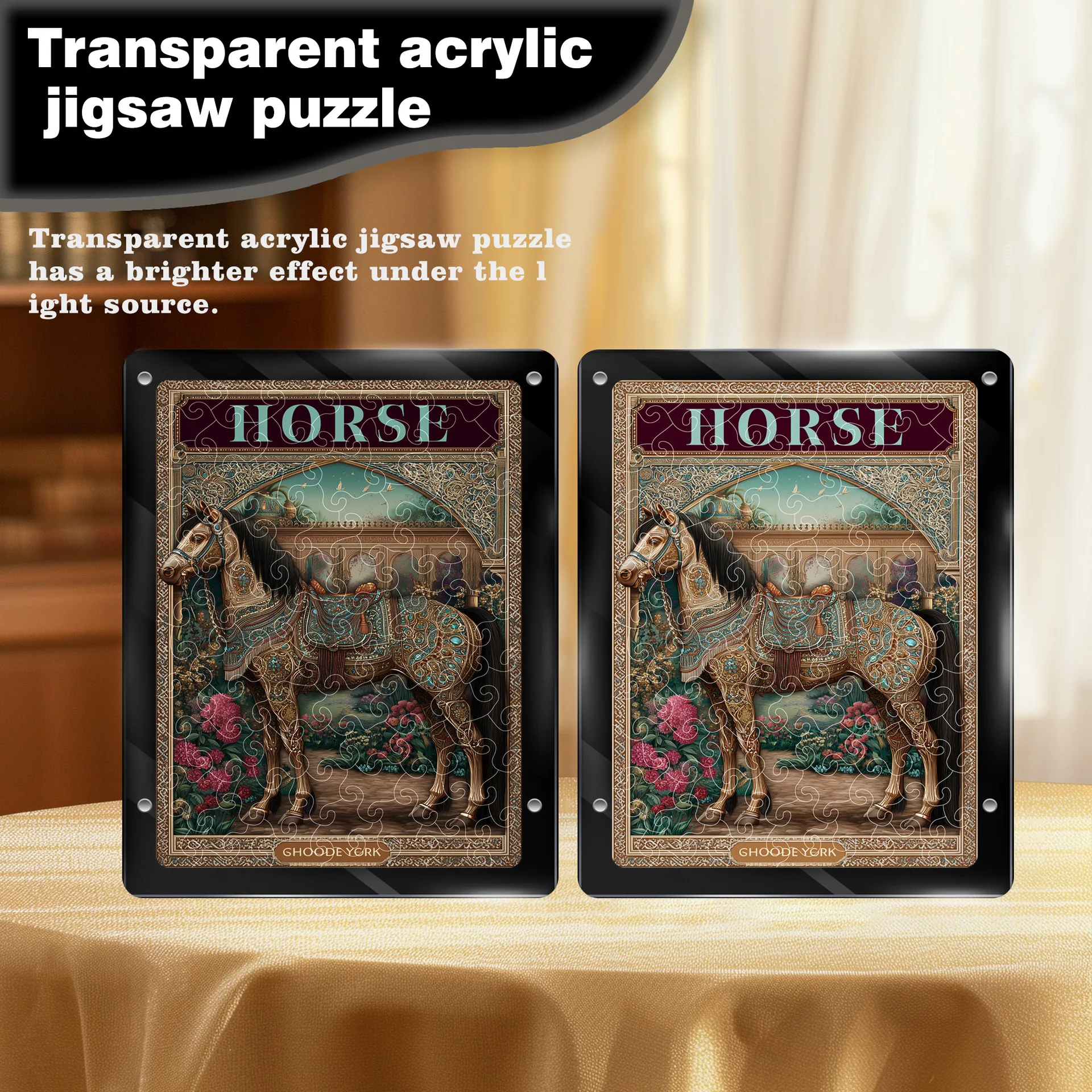 Vintage Carved Horse Acrylic Puzzle -Transparent Light Decorative Artwork Handmade DIY Jigsaw Ornament for Home Tabletop Display