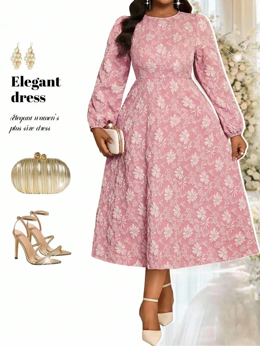 

Элегантное платье миди больших размеров с цветочным принтом, длинными рукавами и юбкой А-силуэта