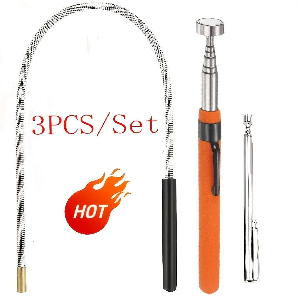 3-Piece Heavy-Duty Magnetic Pickup Tool Set – 8LB Orange Retriever, 1.5LB Flexible Hose & 1.5LB Silver Wand for Auto & Home