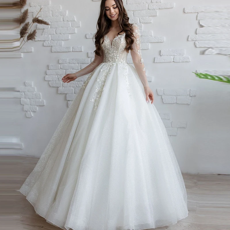 

Vintage Wedding Dress Organza With Embroidery Sequins A-Line Ball Gown Full Sleeve O-Neck Bridal Dress Zipper Vestido De Casamen