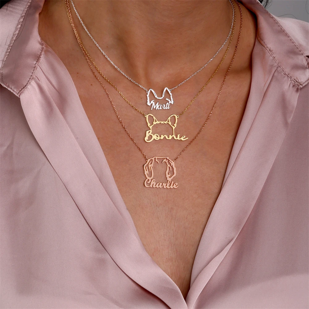 Personalized Dog Ears Necklace Pet Jewelry Gold Color Chain Custom Cat Dog Name Necklace Dog Head Choker Memorial Gift for Women