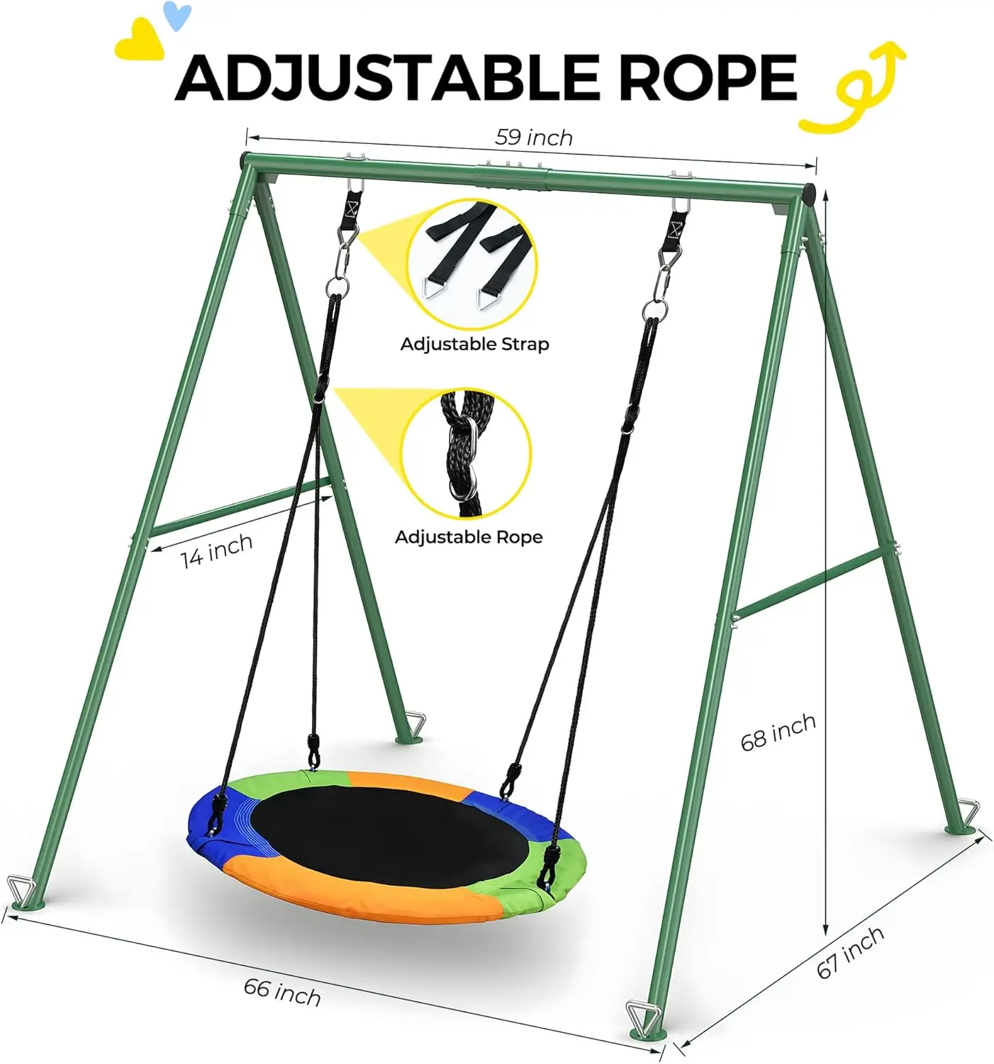 440 lbs capaciteit vliegende schotel schommelset met robuuste A-frame metalen schommelstandaard, volledig staal, buiten voor kinderen, achtertuin, playg