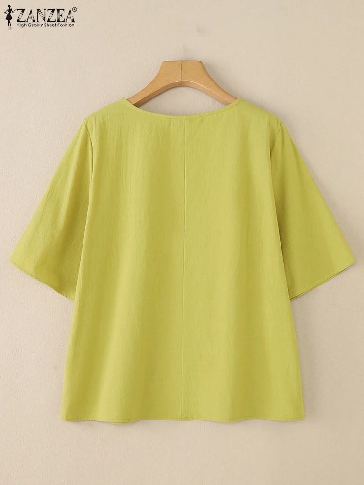 Casual Losse Blouses Vrouwen Katoen Linnen Tops Effen Kleur Tuniek 2025 ZANZEA Mode Half Mouw Blusas Lente O-hals Trui