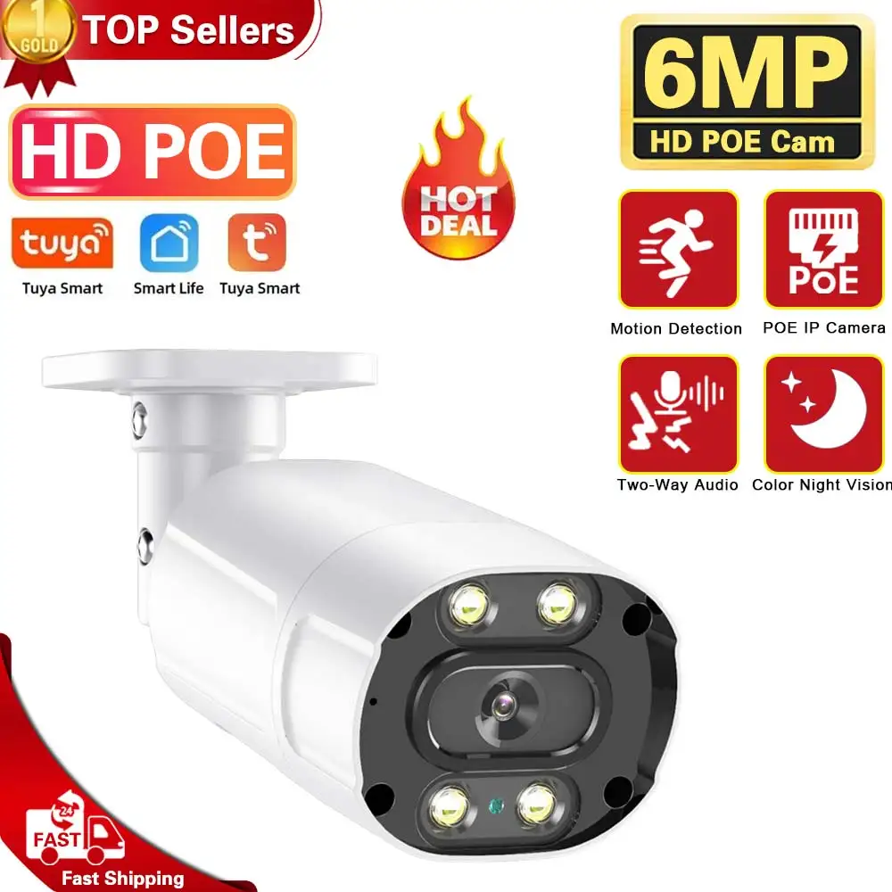 

Smart life 6MP CCTV POE IP Security Camera Outdoor color night vision 5MP Bullet Surveillance Camera Tuya 2 Way Audio IP Cam