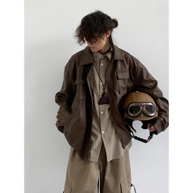 Retro Cargo Set Men Women Harajuku Loose Motorcycle Pu Leather Jacket+wide Leg Straight Casual Pant Autumn Unisex Two-piece Suit