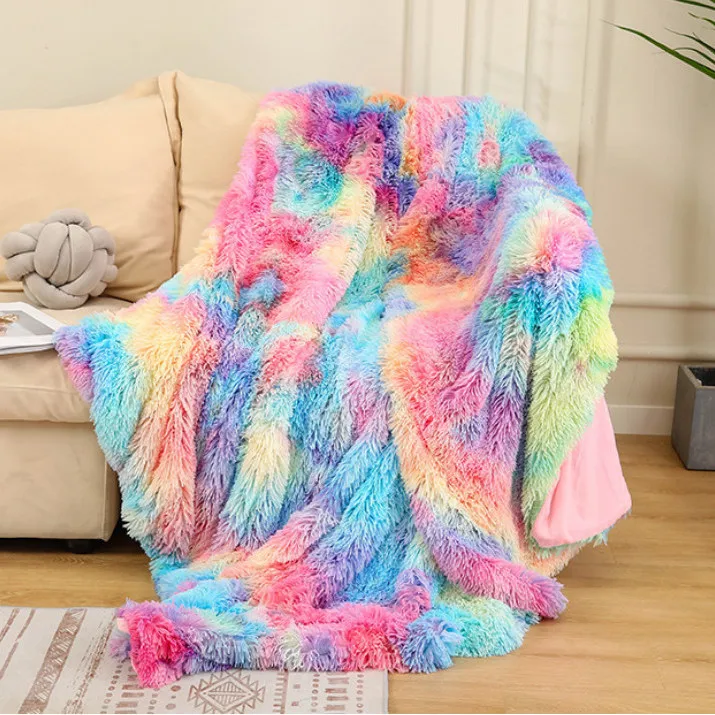 Luxury Faux Fur Throw Blanket, Rainbow High Pile Mixed Throw Blanket, Super Warm, Fuzzy, Elegant, Fluffy Decoration Blank