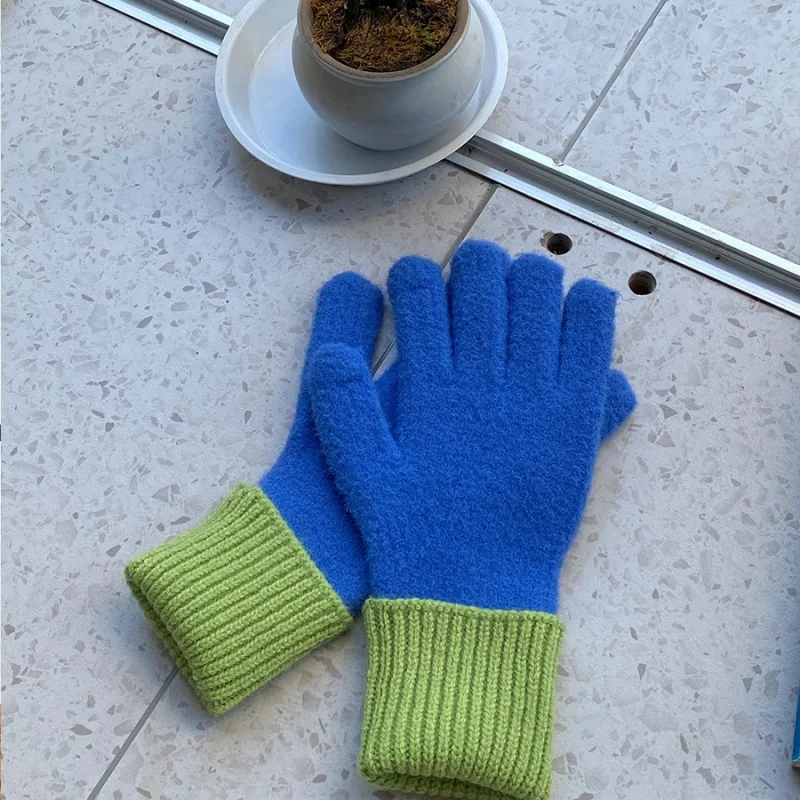 InsInternet-guantes de lana tejidos con contraste de colores para mujer, guantes cálidos de otoño e invierno con pantalla táctil y fugas de dedos