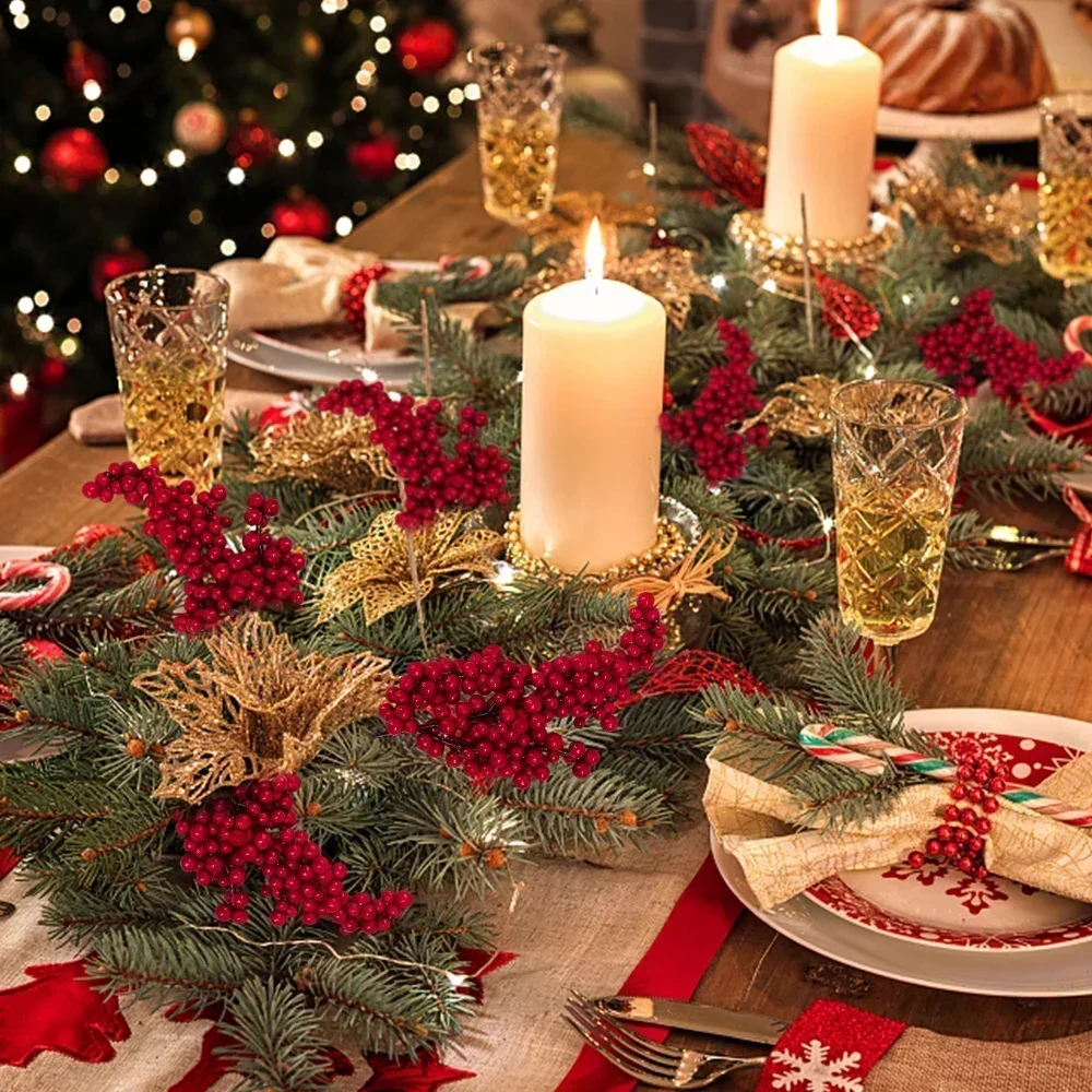 Artificial Holly Berry Stamen Wreath Enfeites, Natal Red Berries Branch, Plantas Falsas, Flores, Árvore De Natal, Decoração De Casa De Festa