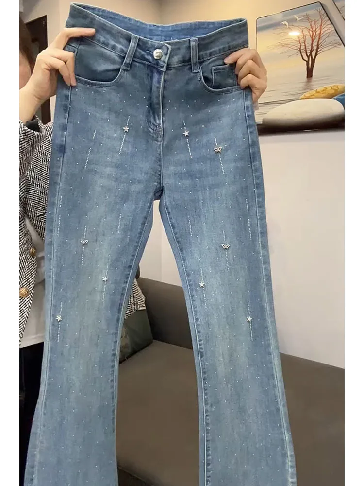

Slimming High Waist Denim Jeans Women's Spring Autumn Small Size Flared Pants Glittering Drill European Style Blue Jeans