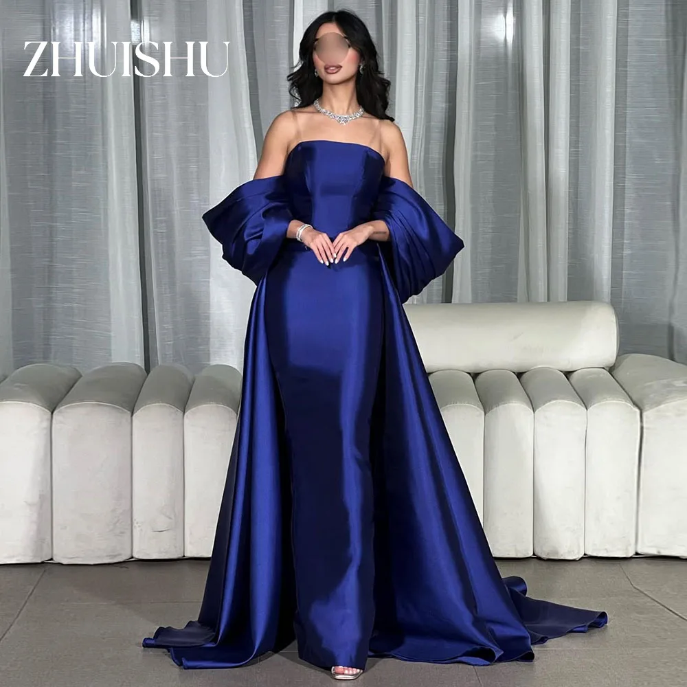 

ZHUISHU Королевское синее атласное вечернее платье в Саудовской Аравии, длинные платья для выпускного вечера трапециевидной формы, платье без бретелек с открытыми плечами