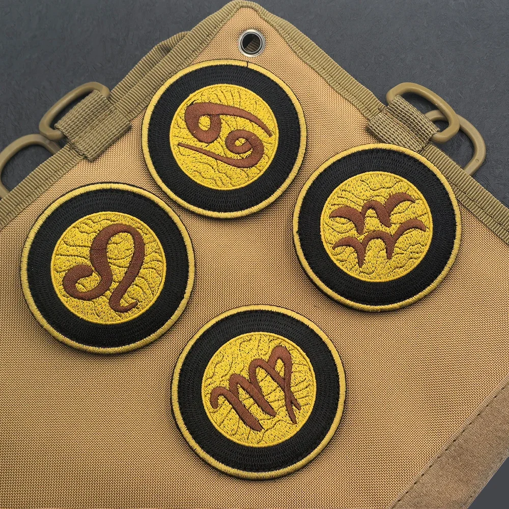 Vintage Zodiac Symbol Tactical Badge - Twelve Constellations Embroidered Patch with Black Gold Border for Clothing Accessories