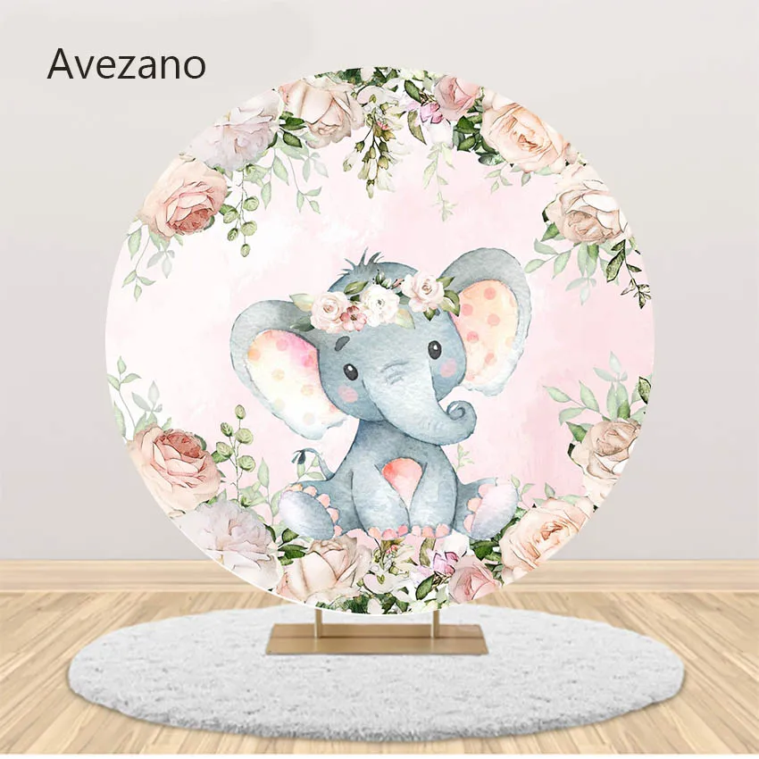 

Avezano Round Backdrop Cover Cylinders for Birthday Decor Baby Shower Girl Pink Flowers Elephant Photography Background Studio