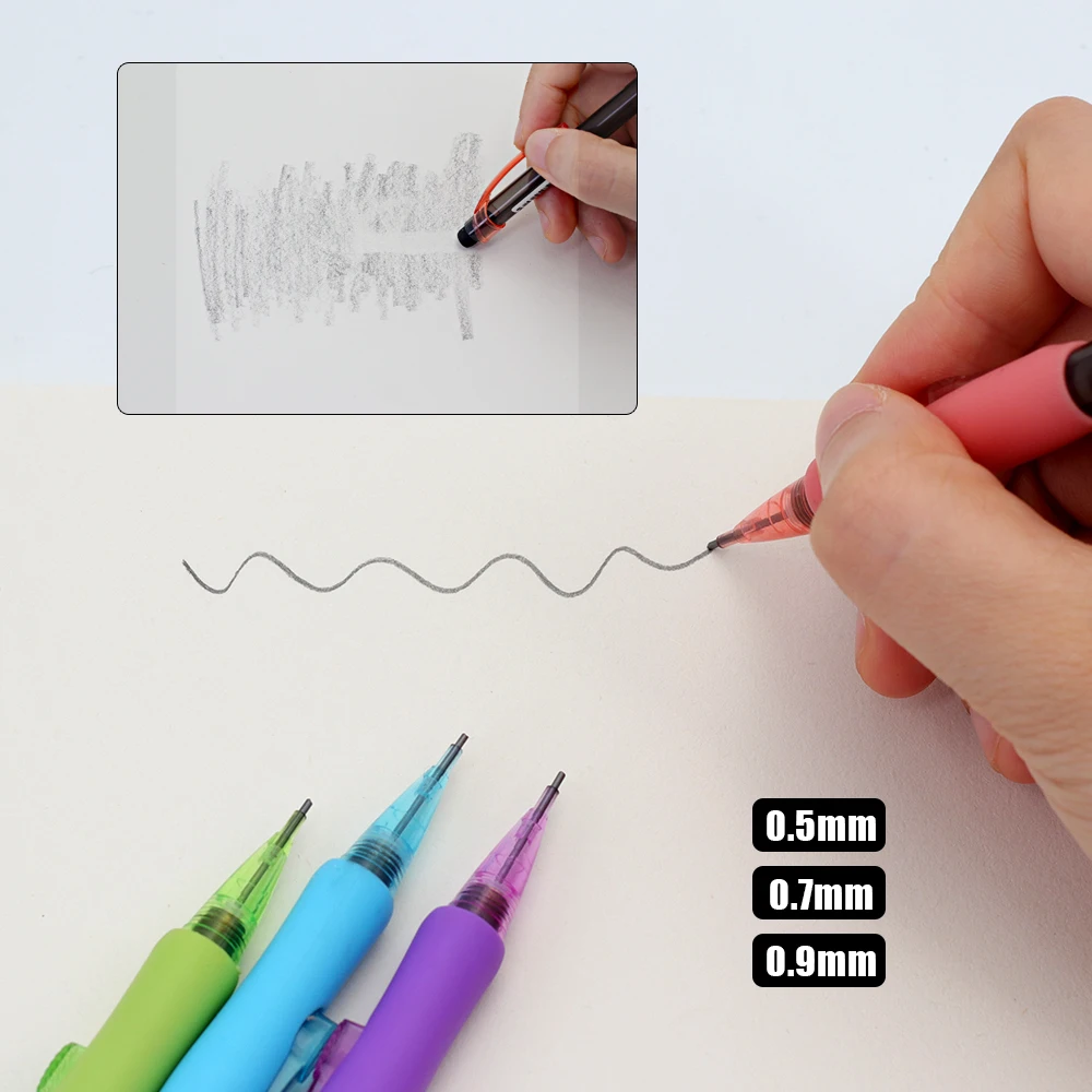 Neues 0,5 0,7 0,9 mm Druckbleistift-Set mit 2 Boxen Stifte, automatischer Bleistift mit integriertem Radierer für Bürobedarf. – Detail 9
