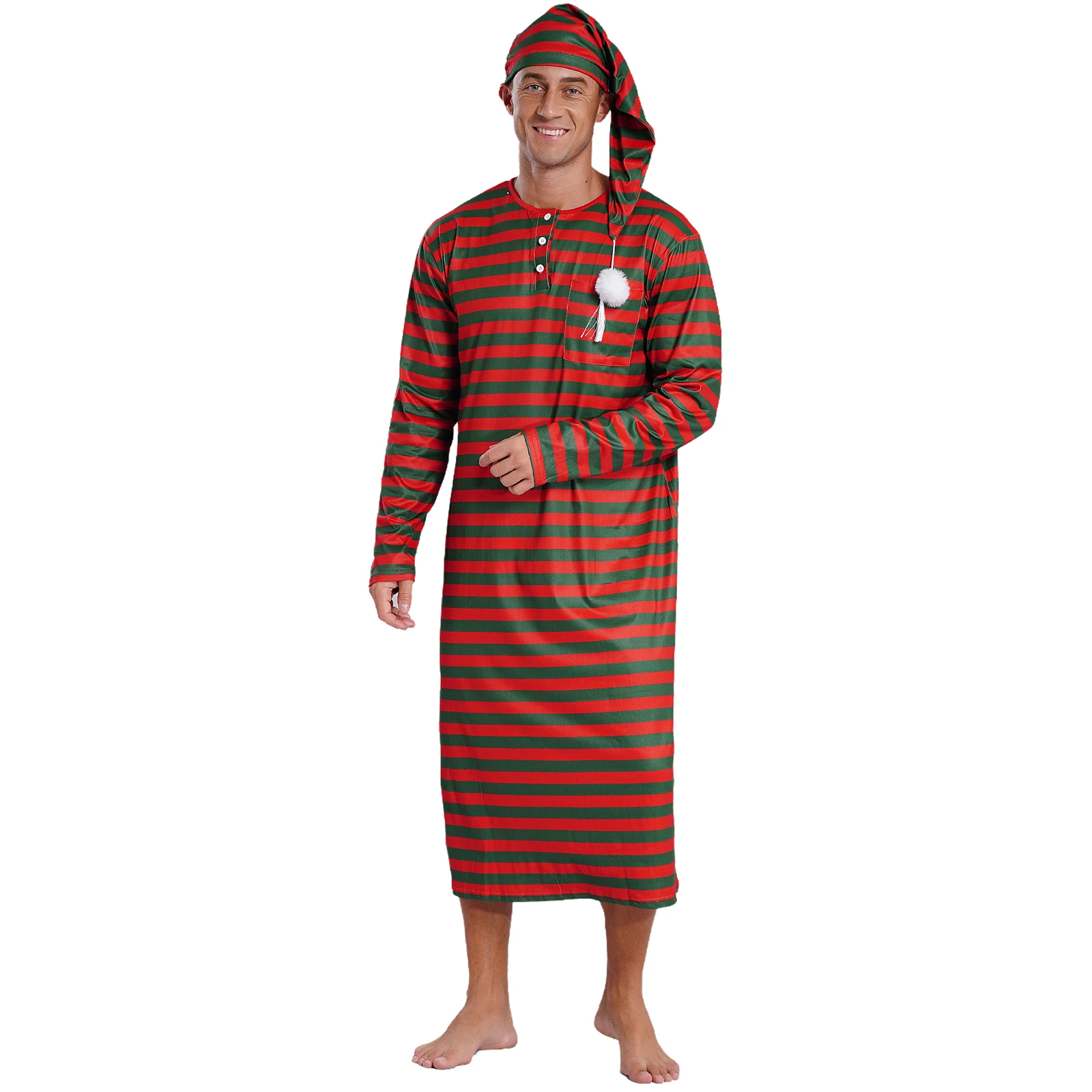 Mens Christmas Pajamas Long Sleeve Striped Sleep Long Robe with Hat Set Hat with Pom-pom Sissy Nightwear Cospaly Party Costume