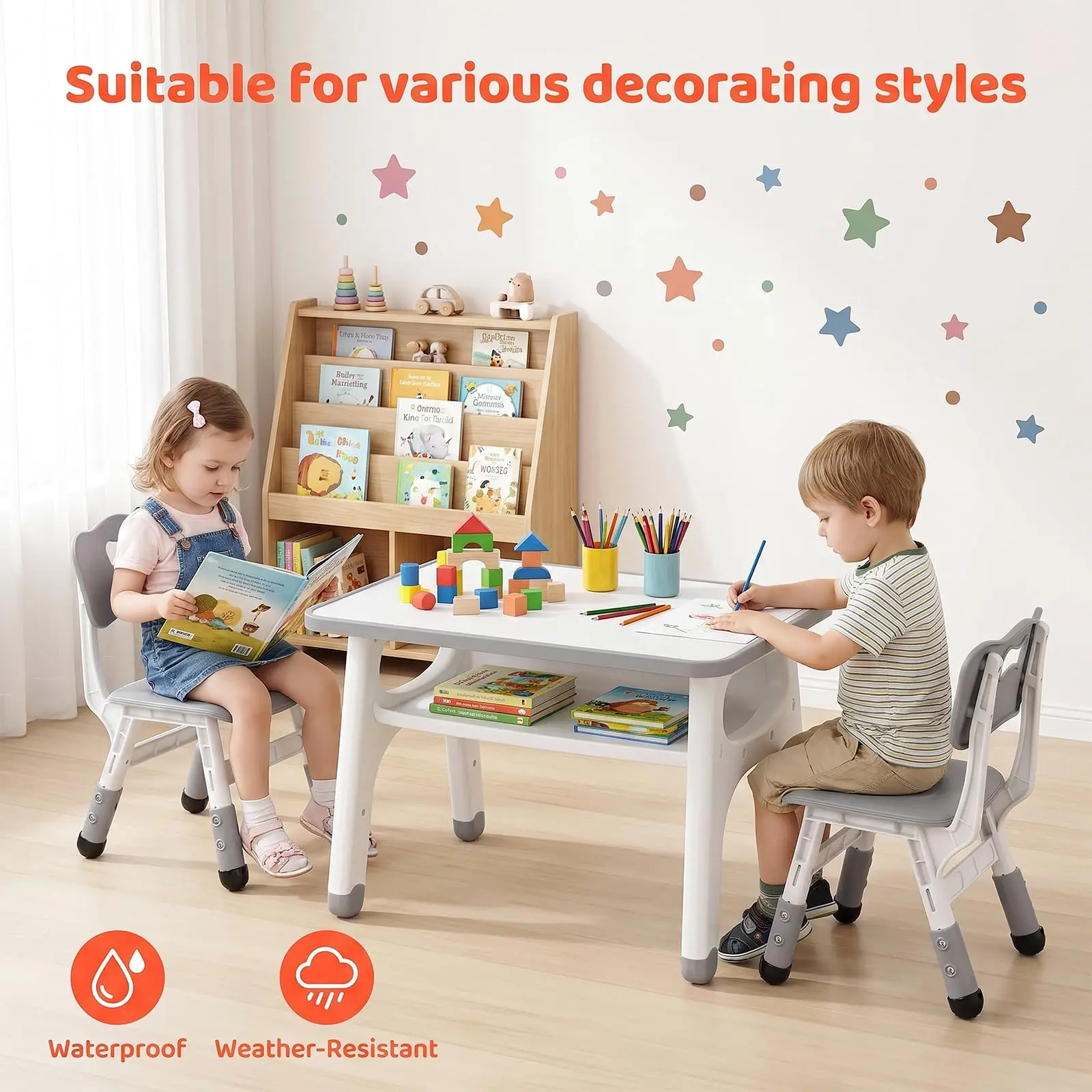 Children Kids Table and 2 Chairs Set Toddler Activity Table Graffiti Desktop & Adjustable Height Chair w/ Large Built-in Storage
