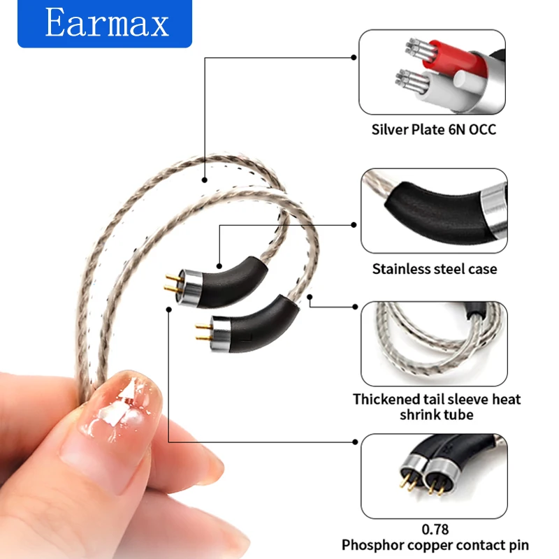 Earmax For Blon Yinyoo Kz BL-01 ST7 HQ8 ZS6 2 Pin 0.78mm Wire Earphones Cable 2.5 3.5 4.4mm Balanced OCC Upgrade Cable