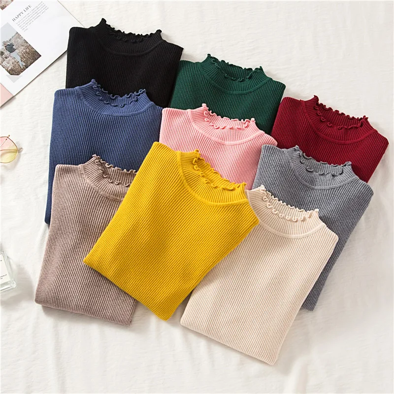 

Turtleneck Ruched Women's Sweaters Autumn Winter High Elastic Knitted Pullovers and Sweater Woman Slim Jumper Tops