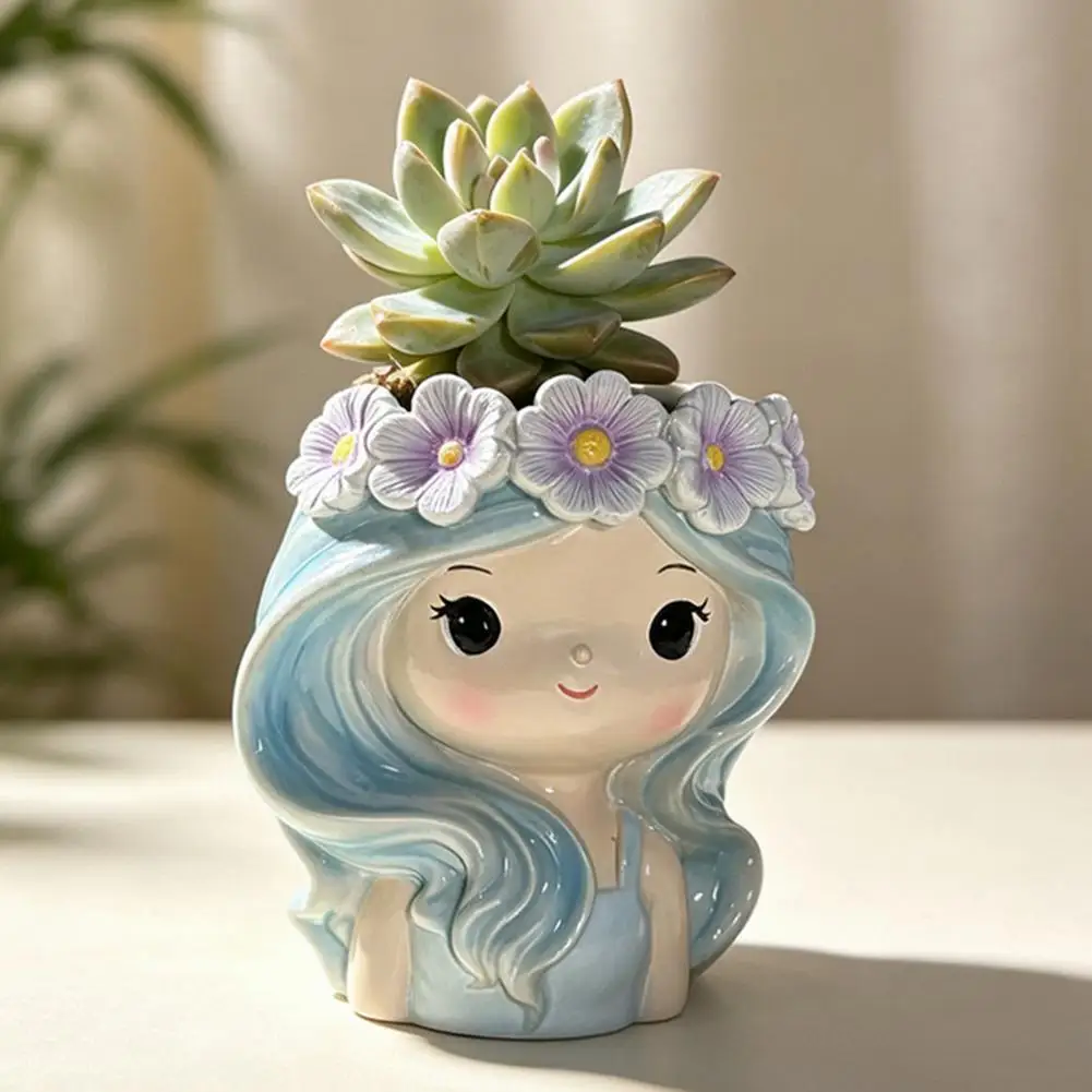 Cute Girl Planter, Blue Hair Garland Girl Head Planter,Resin Creative Flower Container for Window ,Garden Gift