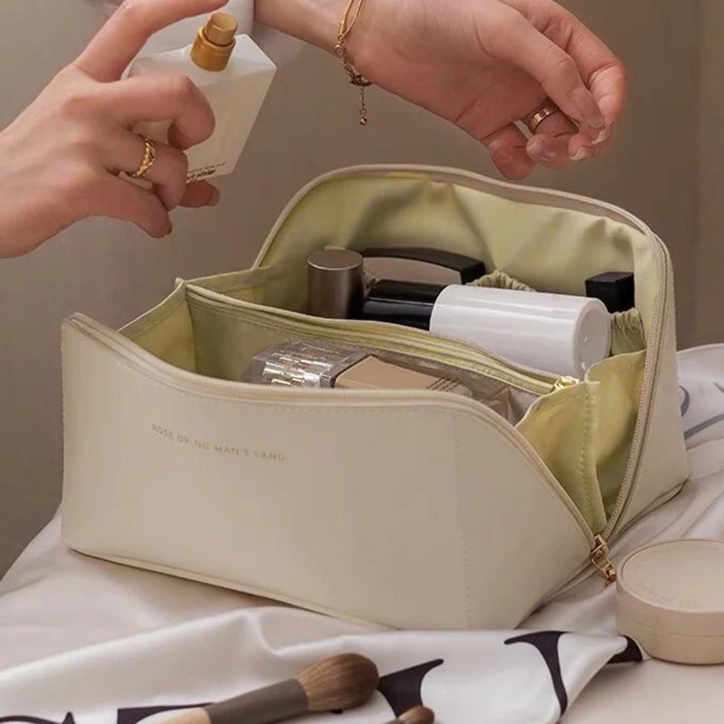 Borsa per il trucco da donna PU di grande capacità portatile comoda moderna minimalismo da viaggio lavaggio borse per la conservazione dei prodotti