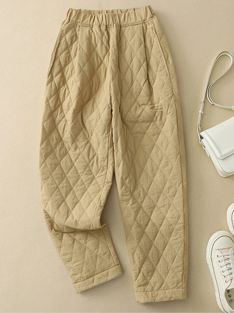 

Women Vintage Plaid Home Cotton-padded Trousers 2024 New Winter Casual Loose Light Weight Mommy Quilted Harem Pants Pantalones