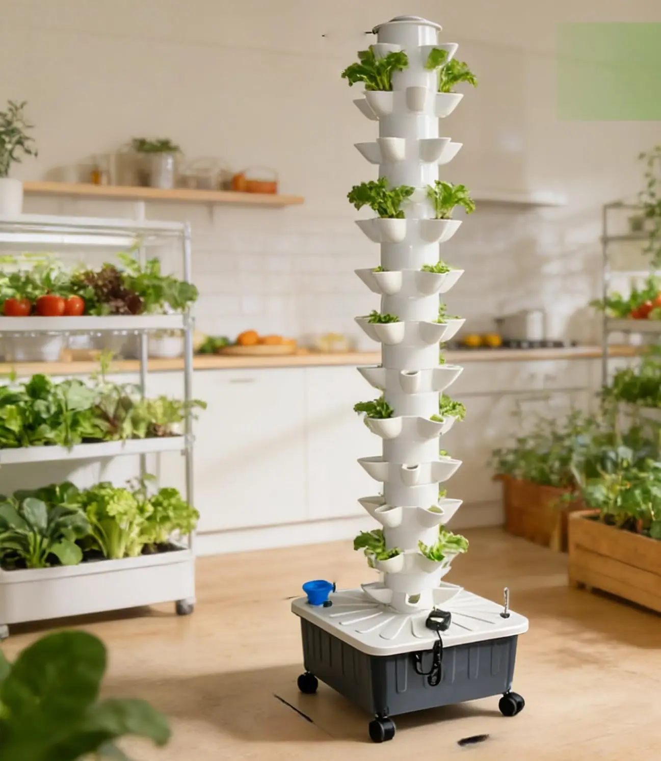 Vertical Hydroponics Growing System,Aeroponic Grow Tower for Herbs, Fruits and Vegetables 14 Layer 70 Plants Sites with Movable Water Tank Hydrating Pump, Timer, Adapter
