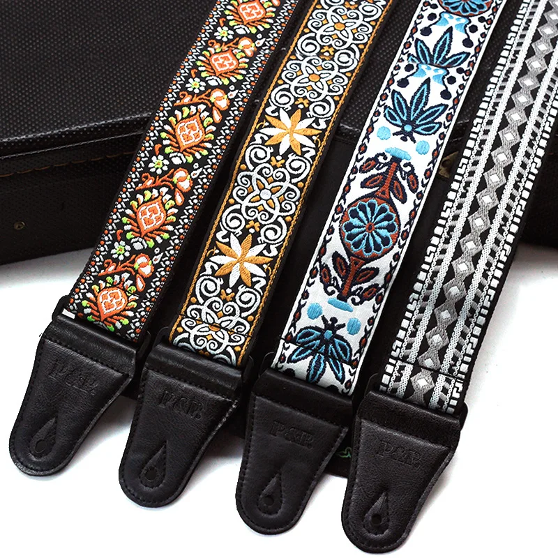 

Embroidered Guitar Strap Soft Cotton & Leather Ends Retro Flowers Stripes Shoulder Belts for Electric Acoustic Guitar Bass