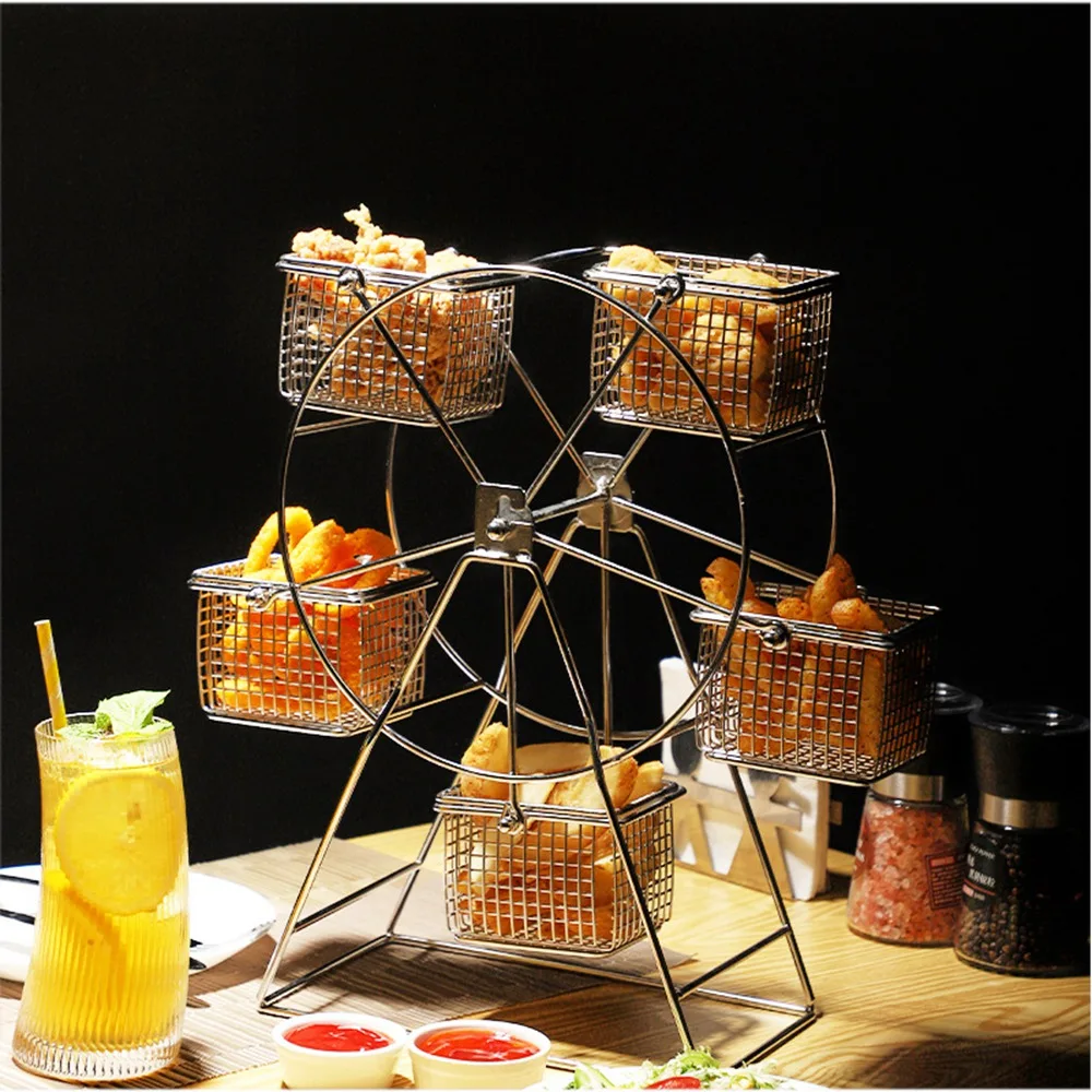 1Pcs Food Rack+5 Cup Stainless Steel Ferris Wheel Food Rack Snack Rack Vintage Frame Party Rotatable Pastry Cupcake