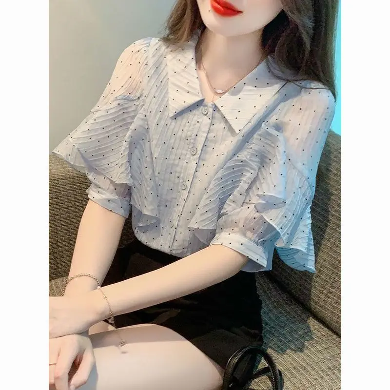 

Short Sleeve Shirts Womens Relaxed Fit Chiffon Blouse Elegant Embroidered Hollow Out Ruffle Sleeve Summer Feminine Chic Shirt