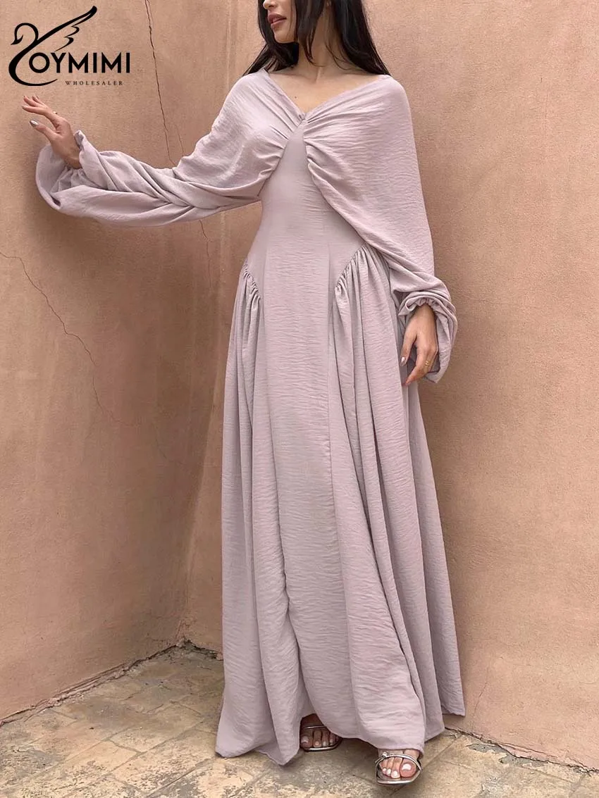 Oymimi Fashion Pink Loose Women\'s Dress Elegant V-Neck Long Sleeve Solid Dresses Spring Casual Pleated Floor-Length Dress Female