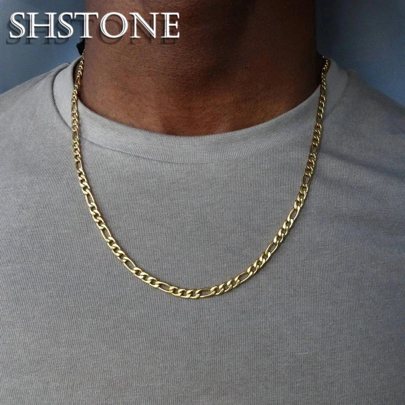 SHSTONE Classic Figaro Cuban Chain Men Necklace Width 2/3/4/6 MM 18K Gold Rope Chain 40-75cm Necklace For Men Women Jewelry