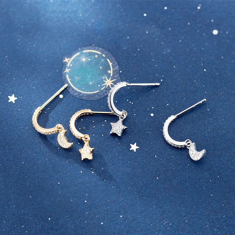 925 Sterling Silver Zircon Mini Lovely Moon Star Fine Jewelry Luxury Female Earrings EA304
