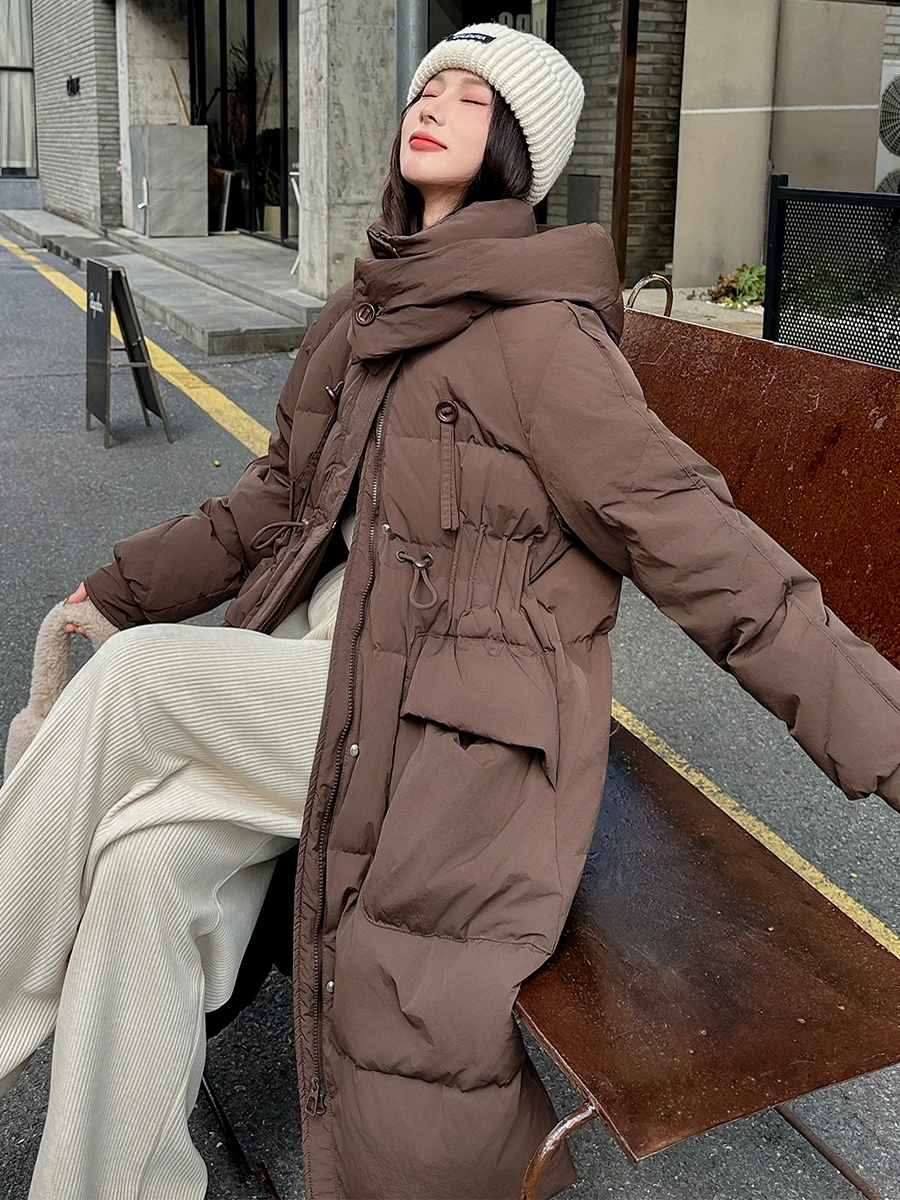 

Белое пуховое пальто-пуховик с длинными рукавами для женщин, новинка, зимнее утепленное пальто для повседневной носки, с капюшоном