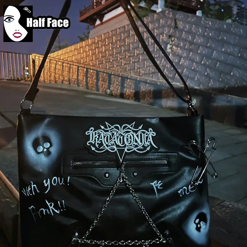 Y2K Girls Harajuku Gothic Handbag Skeleton Chain Leather   PU Large Capacity Lolita One Shoulder Punk Womens Crossbody Bags Tote