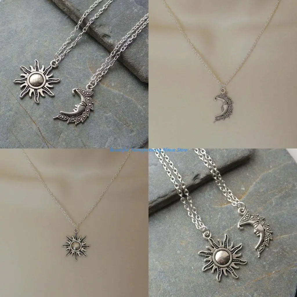 

E56A 2Pcs Trendy Lovers for Sun and Moon Pendant Necklaces Set Retro Antiqued Silver Fashion Jewelry for Unisex Women Men