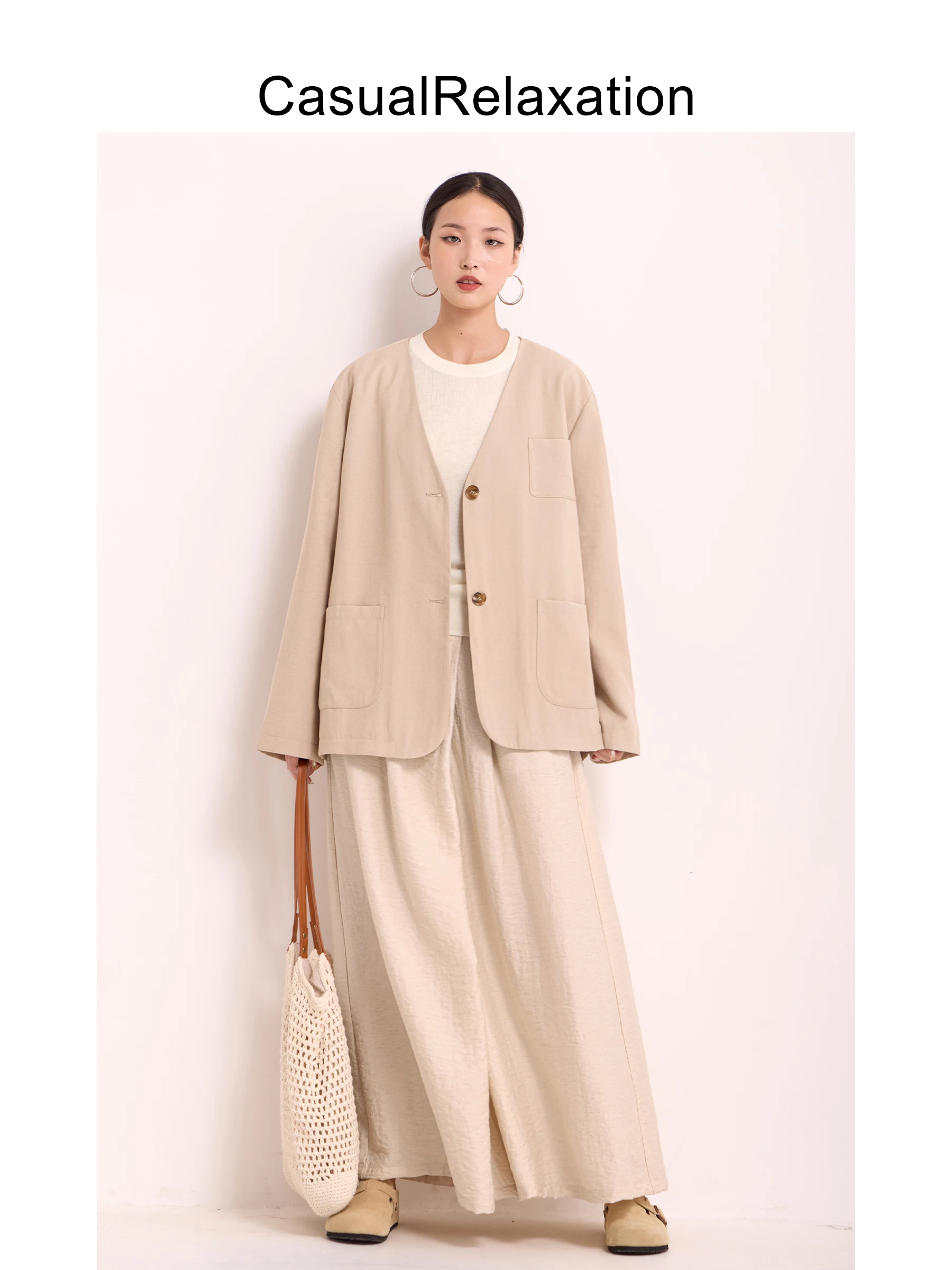 Jaqueta de Linho Feminina Casual com Decote em V para o Dia a Dia - Nova Coleção Primavera/Outono, Design Respirável e Manga Longa