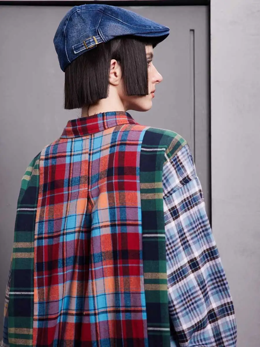 REDDACHiC Women Rainbow Plaid Blouse Top Patchwork Long Sleeves Shirt Pocket Y2k Vintage Scotland Loose Casual Cardigan Jacket