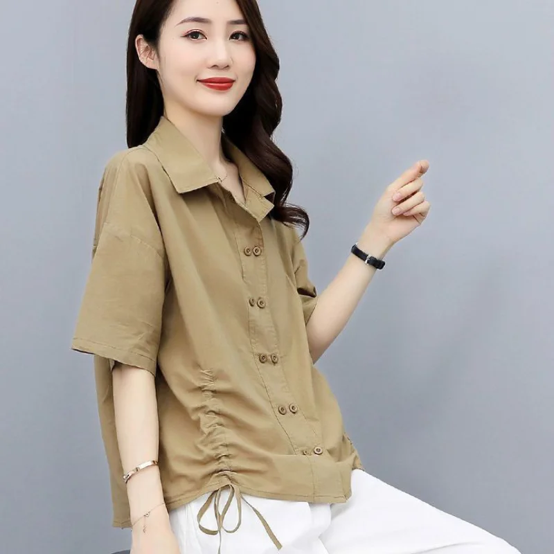 Street Casual Drawstring Blouse Summer New Short Sleeve Button Solid Polo Neck Office Shirt Tops Vintage Fashion Women Clothing