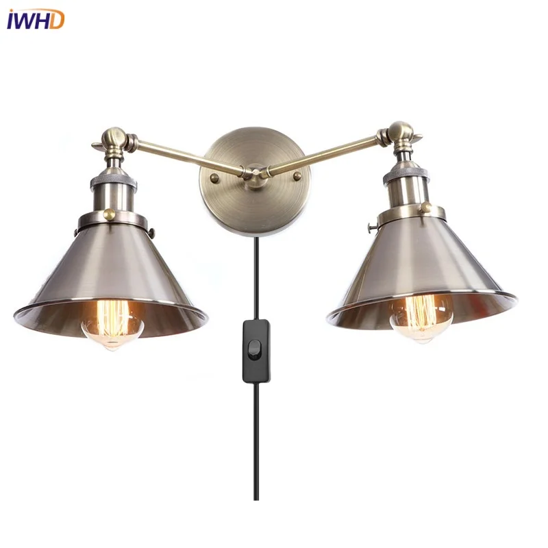 

IWHD Loft Plug In LED Wall Lights With 2 Heads Bedroom Bedside Lamp Vintage Bathroom Mirror Stair Light Industrial Aplique Pared