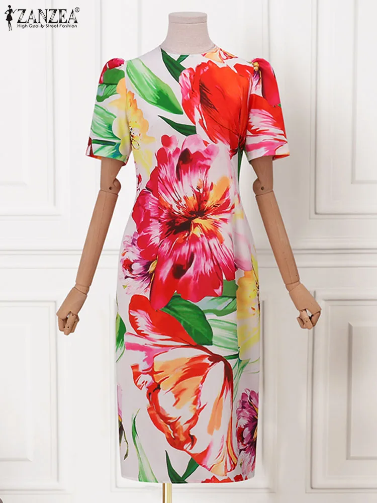 ZANZEA Women Short Puff Sleeve Sundress Bohemian Floral Print Midi Dresses Sexy Round Neck Holiday Waisted Slim Robe Oversized