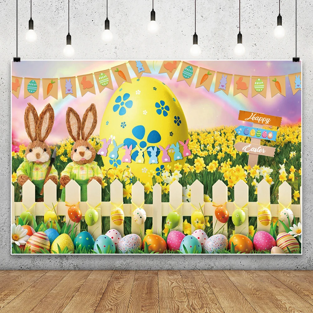 Happy Easter Backdrop Photography Spring Bunny Colorful Eggs Flowers Garden Baby Portrait Photocall Background for Photo Studio