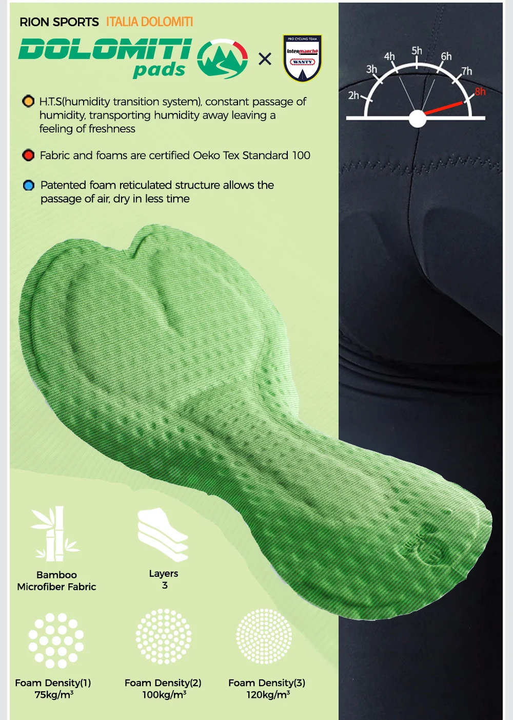 RION Herren Radsport-Trägerhose Rennrad MTB Tights Dolomiti 8H Polsterung Pro Fahrradbekleidung Sommer Sportbekleidung Atmungsaktiv – Detail 5