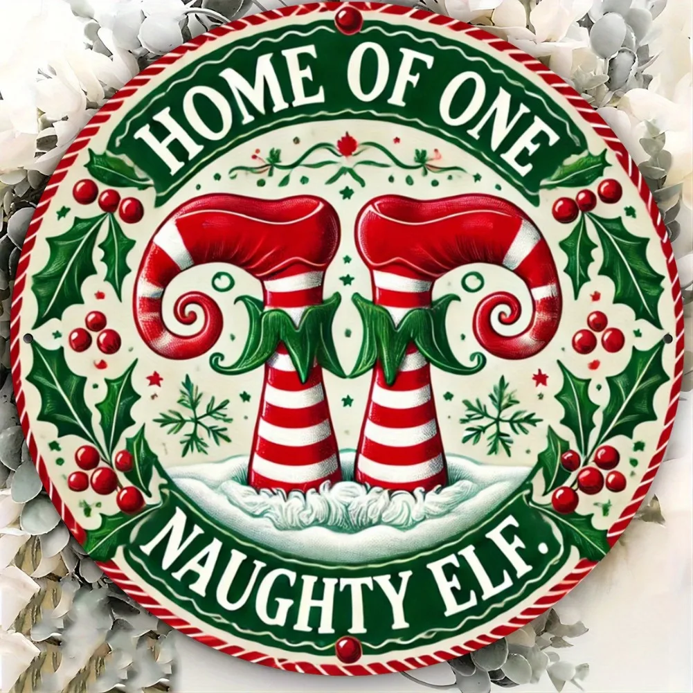 1 Stück 20,3 x 20,3 cm rustikales rundes Schild „Home of One Naughty Elf“ aus Aluminium – Weihnachtskranz, Türbehang für Zuhause, Wohnzimmer, Urlaubsdekoration