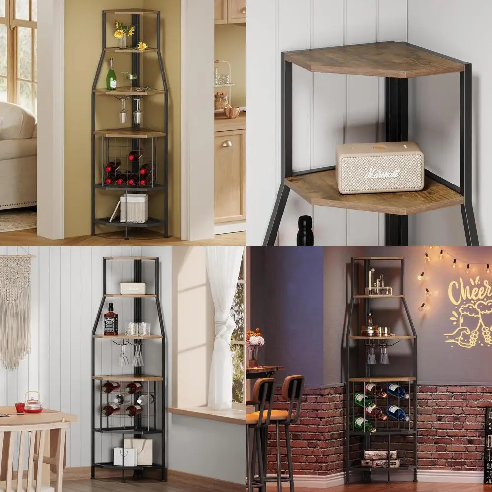 

Floorstanding 5-Tier Corner Wine Rack with Glass Holder - Industrial Metal and Wooden Home Bar Furniture for Kitchen and Dining