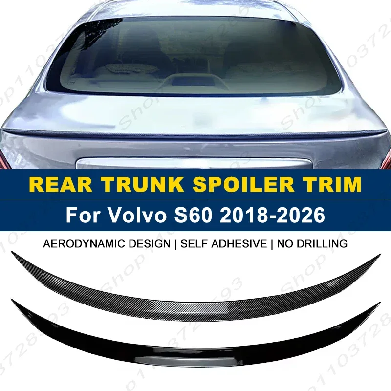 For Volvo S60 2018-2026 Car Rear Trunk Boot Spoiler Wing Lip Body Kits Gloss Black Soft Plastic Exterior Accessories