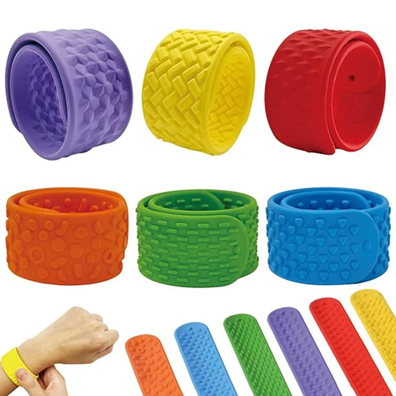 6개입 감각 장난감 어린이용 텍스처드 실리콘 슬랩 팔찌 불안 자폐증 ADHD 진정 스트레스 해소 선물