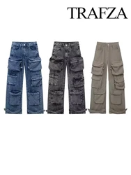 TRAFZA-Salopette Rétro en Denim pour Femme, Taille Haute, Décoration Multi-Poches, Fermeture Éclair FjAmerican High Street Jean